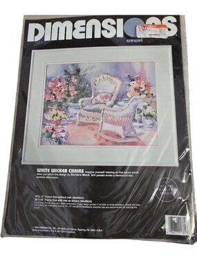 NIB vintage Dimensions Crewel Needlework Kit White Wicker Chairs (1381) 1990